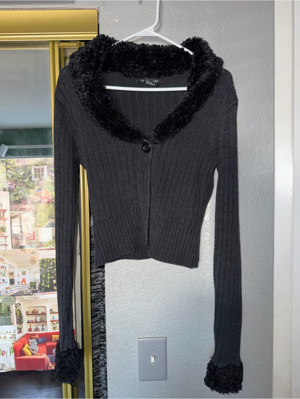 52 Weekends Black Ribbed Cardigan with Faux-Fur Trim